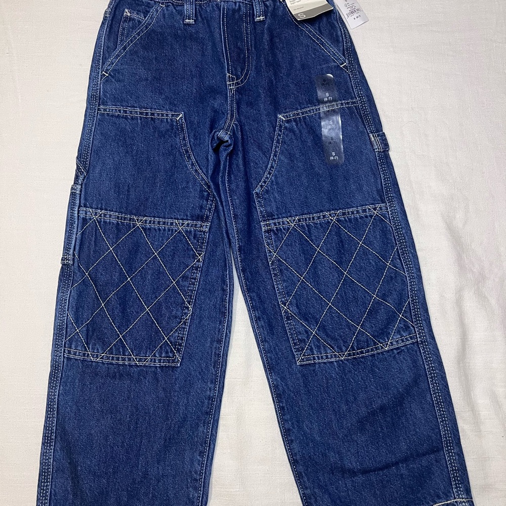 Kids Gap Baggy Carpenter Jeans Double Knee Quilted Patch Blue Denim Sz S 6-7 NWT
